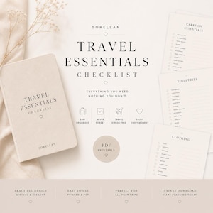 Könnte beinhalten: Ein beigefarbenes Reise-Checklisten-Set mit dem Text "Travel Essentials Checklist" und "Sorellan". Enthält Checklisten für Handgepäck, Toilettenartikel und Kleidung. Das Design ist minimalistisch und elegant.