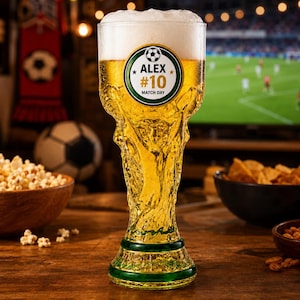 May include: A tall, textured glass beer mug shaped like a trophy, filled with golden beer and white foam. A circular label on the glass features a soccer ball icon, the name ALEX, the number 10, and the text MATCH DAY in black and gold lettering.