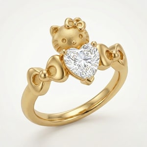 Kitty Heart Ring, CZ Bow Detail, 925 Sterling Silver Gold Plated, Kawaii Jewelry