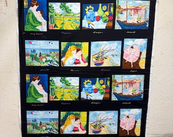 Panel de tela: Un día en el museo. Cuadrados de colcha artística (falta el panel de imágenes).