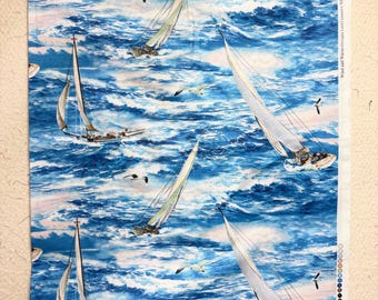 Tela con estampado de velero "Viento y olas": Estampado con licencia de Douglas Laird, más de 1,5 yardas.