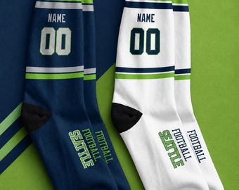 Personliga Seattle fotbollsstrumpor, anpassade namnnummerlagsstrumpor, matchdagsfanstrumpor, fotbollspresent för män och kvinnor, sport- och lagandastrumpor
