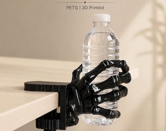 Portavasos con forma de mano de esqueleto, soporte para bebidas con pinza de escritorio impreso en 3D de PETG, accesorio de escritorio gótico para gamers, regalo para él.