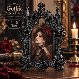 May include: A black photo frame with an arched top and intricate rose carvings, designed for a 4x6 inch photo. The frame features pointed architectural details and a portrait of a person wearing a black lace top and a red floral headpiece.