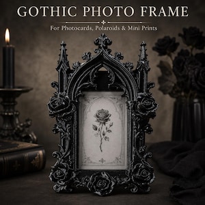 Gotisk fotokortshållarram, 3D-tryckt svart rosfotoram, 65 x 90 mm minibilddisplay, Dark Academia viktoriansk presentdekoration