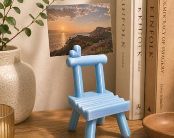 Bonito soporte para teléfono, mini silla azul y morada impresa en 3D de PETG, soporte para teléfono, portafotos, regalo de decoración de escritorio