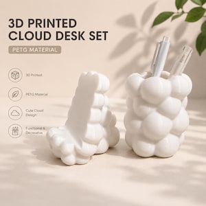 May include: A white 3D-printed desk set with a cloud design. The set includes a pen holder with pens and a separate cloud-shaped item. The text on the image reads "3D PRINTED CLOUD DESK SET" and "PETG MATERIAL".