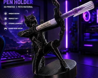 Portalápices de arquera, decoración de escritorio impresa en 3D de PETG, soporte para bolígrafos de guerrera arquera, accesorio de escritorio para gamers y amantes de la fantasía, regalo único