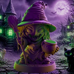 May include: A spooky Halloween-themed figurine of a witch holding a broom and cauldron, with the text "Tiny Terrors" on a sign. The scene is set in a dark, purple-lit forest with a haunted house and a black cat.