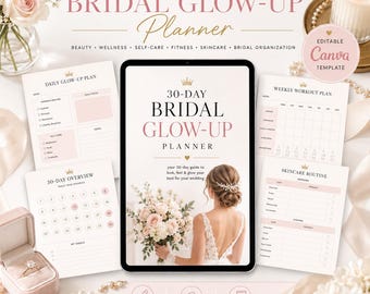 Planificador de 30 días para realzar tu belleza nupcial, registro de autocuidado para la novia, cuenta regresiva para la boda (plantilla editable de Canva)