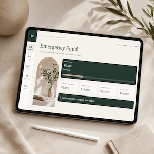 Puede incluir: Una pantalla de tableta que muestra un panel financiero titulado Emergency Fund. La interfaz presenta una barra lateral verde oscuro, una barra de progreso que muestra $8,450 del objetivo y cuadros de datos para gastos mensuales y metas de ahorro.
