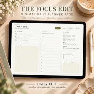 Daily Planner Printable PDF, Minimal Digital Planner, Focus & Productivity Planner, Time Block, Brain Dump, Instant Download