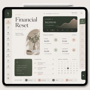 Pode incluir: Um planejador financeiro digital exibido em um tablet. A tela mostra um painel com dados financeiros, incluindo patrimônio líquido, renda, despesas e investimentos. O design do planejador é minimalista com uma paleta de cores neutras.