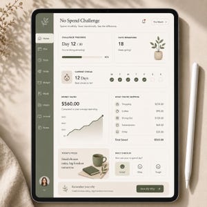 Pode incluir: Um tablet digital exibindo a interface de um aplicativo de desafio de economia com uma barra lateral verde-escura, fundo bege claro e vários widgets de rastreamento para progresso, economias e despesas evitadas.