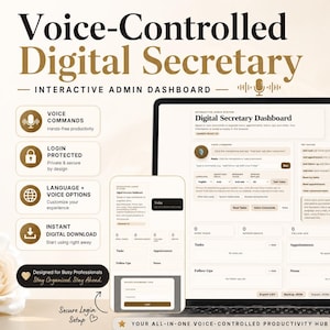 May include: A digital product advertisement for a voice-controlled digital secretary. The image features a laptop and smartphone displaying the interactive admin dashboard. The design includes voice commands, login protection, language options, and instant digital download.