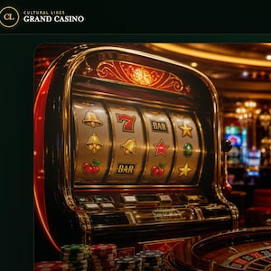 May include: A slot machine featuring a black and gold frame with spinning reels displaying symbols of bells, cherries, sevens, bars, and stars, positioned next to a roulette wheel and stacks of colorful gambling chips in a casino setting.