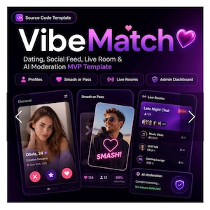 May include: A digital interface for a dating app, VibeMatch, with a purple and white color scheme. The app features profiles, a "Smash or Pass" option, live rooms, and AI moderation. The interface displays user profiles and a "Smash" option.