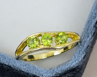 Peridot Sterling Silver Ring, 3 Stone Promise Ring, Round Gemstone Yellow Gold Plated Minimalist Dainty Jewelry Gift for Her