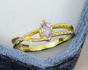 Amethist sterlingzilveren ring, marquise geslepen solitaire ring, geel goud vergulde minimalistische belofte sieraden cadeau voor haar