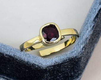 Red Garnet Solitaire Ring 925 Sterling Silver Gold Plated Cushion Gemstone Adjustable January Birthstone Gift For Her