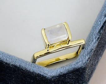 Mondstein Solitär Ring 925 Sterling Silber Vergoldet Octagon Edelstein Moderne Geometrische Juni Birthstone Geschenk