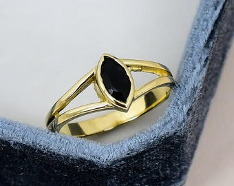 Solitaire Black Onyx Marquise Ring 925 Sterling Silver Gold Plated Minimalist July Birthstone Healing Anniversary Gift For Her