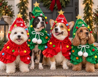 Personalized Christmas Tree Dog Costume, Embroidered Name Hooded Pet Cape