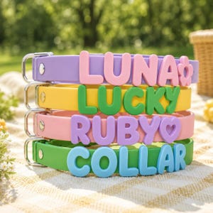 May include: A stack of four colorful pet collars featuring raised, rounded lettering. The top collar is lavender with pink letters spelling LUNA and a flower icon. The second is yellow with green letters spelling LUCKY. The third is pink with purple letters spelling RUBY and a heart icon. The bottom is green with blue letters spelling COLLAR.