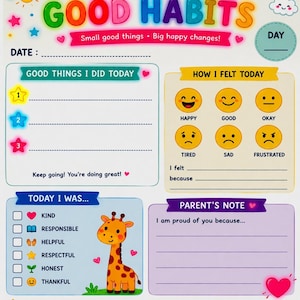 Puede incluir: Un gráfico colorido titulado "GOOD HABITS" con secciones para el seguimiento diario. Incluye indicaciones para "Good Things I Did Today", "How I Felt Today" y "Today I Was..." con una ilustración de jirafa. El texto dice "Small good things. Big happy changes!"