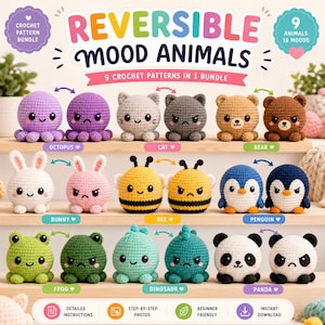 Könnte beinhalten: Ein Häkelmuster-Set mit dem Titel Reversible Mood Animals, das 9 Tiere mit 18 Stimmungen zeigt. Das Bild zeigt 9 Paare von Plüschtieren, darunter ein Oktopus, eine Katze, ein Bär, ein Hase, eine Biene, ein Pinguin, ein Frosch, ein Dinosaurier und ein Panda.