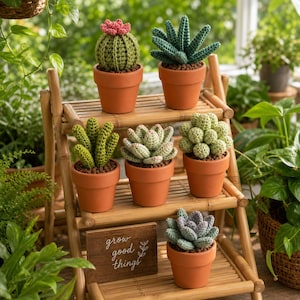 Pode incluir: Um suporte de plantas de bambu exibe seis plantas suculentas de crochê em vasos de terracota. As plantas variam em forma e cor, incluindo verde, verde-azulado e um cacto com uma flor rosa. Uma pequena placa de madeira diz "grow good things".