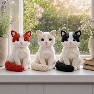 May include: Three crocheted cat figurines sit on a windowsill. Each cat has a white body with different colored markings: red, tan, and black. The cats have pink noses, brown eyes, and long tails. The background shows a garden.