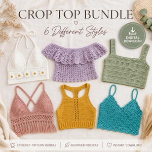 May include: A collection of six crochet crop tops in various colors and designs, including a white daisy-patterned halter, a lavender ruffled top, a sage green tank, a dusty rose fringed top, a mustard yellow racerback, and a teal scalloped top.