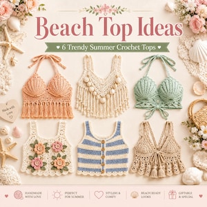 6 Crochet Beach Top Patterns Bundle, Summer Tops XS–3XL, 6-Language Digital PDF