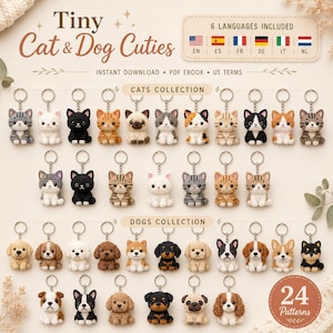 Modèles de crochet pour chats et chiens (PDF), 24 mini porte-clés amigurumi, 6 langues