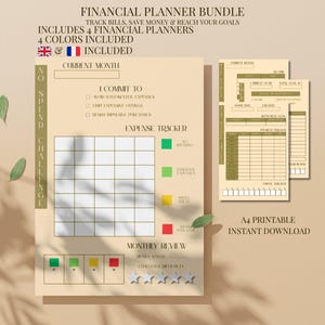 May include: A financial planner bundle featuring A4 printable pages with a no spend challenge tracker, expense tracker, and monthly review sections. The layout includes checkboxes, a grid, and color-coded indicators in green, lime, yellow, and red.
