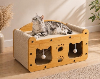 Cat Scratcher Sofa Bed – Cardboard Scratcher Couch with Post & Interactive Toy, Indoor Cat Furniture Lounge