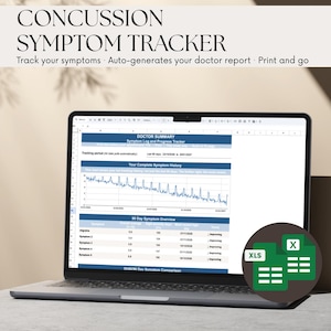 May include: A laptop screen showing a concussion symptom tracker with a doctor's summary, symptom history, and a 90-day overview. The text at the top reads "CONCUSSION SYMPTOM TRACKER." The image also includes XLS and X file icons.