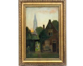 Dipinto ad olio firmato Jan Heesterman, 1915, raffigurante una scena di strada a Delft con guglia di chiesa / Impressionista olandese / Cornice dorata / 37,5×27 cm 14,8×10,6 pollici