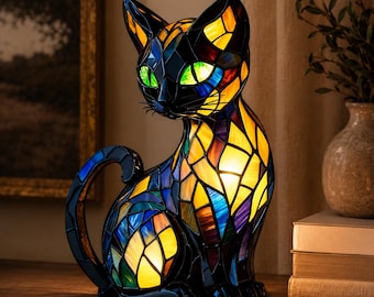 Lampe chat en résine teintée colorée, veilleuse décorative, décoration d'intérieur féline, cadeau pour les amoureux des chats