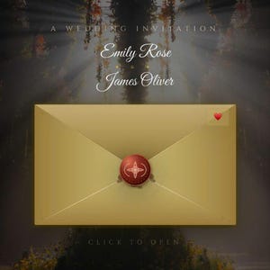 May include: A wedding invitation design featuring a gold envelope sealed with a red wax stamp. The invitation includes the names "Emily Rose & James Oliver" and the text "A Wedding Invitation". The background has a natural, dreamy aesthetic.