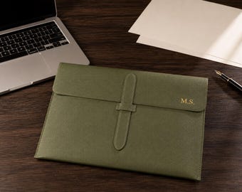 Personalized A4 Portfolio Folder, Gold Foil Initial 13 Inch Laptop Sleeve, Slim PU Leather Document Case