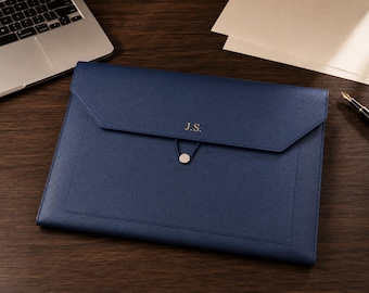 Personalized A4 Portfolio Folder, Gold Foil Initial 13 Inch Laptop Sleeve, Slim PU Leather Document Case