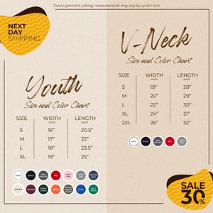 The image is a promotional graphic for a clothing store, displaying size and color charts for youth and V-Neck tops. The chart provides measurements for different sizes, including S, M, L, XL, and 2XL, along with corresponding widths and lengths. The chart also includes color options for each size, such as white, black, red, pink, and green. The image includes a sale promotion, offering a 30% discount on the V-Neck tops.