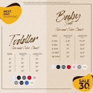 The image is a promotional graphic for a clothing store, featuring size and color charts for toddler and baby suits. The chart provides measurements and color options for each size, with a sale price of 30% off.