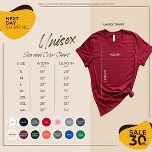 The image is a promotional graphic for a unisex t-shirt, featuring a red t-shirt with size and color charts, a price list, and a sale offer.