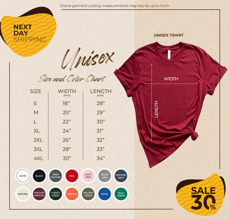 The image is a promotional graphic for a unisex t-shirt, featuring a red t-shirt with size and color charts, a price list, and a sale offer.