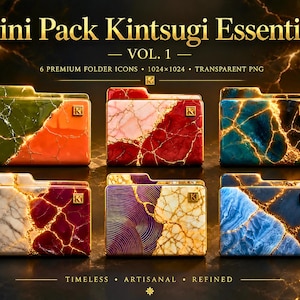 May include: A collection of six folder icons with a Kintsugi design. Each folder features a unique color scheme, including green and orange, pink and red, and blue and gold. The folders are labeled "Mini Pack Kintsugi Essentials - Vol. 1."