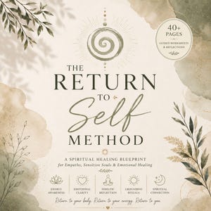 May include: A digital document titled The Return to Self Method, A Spiritual Healing Blueprint for Empaths, Sensitive Souls & Emotional Healing. It features a spiral icon, botanical illustrations, and five icons for energy, emotion, somatic, grounding, and spiritual topics.