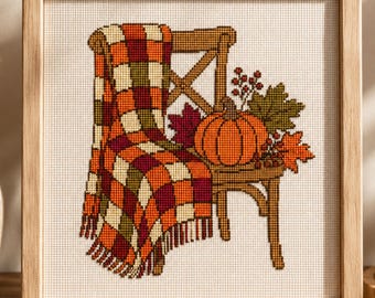 Autumn Chair Cross Stitch Pattern, Rustic Fall Chair Embroidery PDF, Pumpkin & Plaid Blanket Chart, Cozy Cottagecore Decor